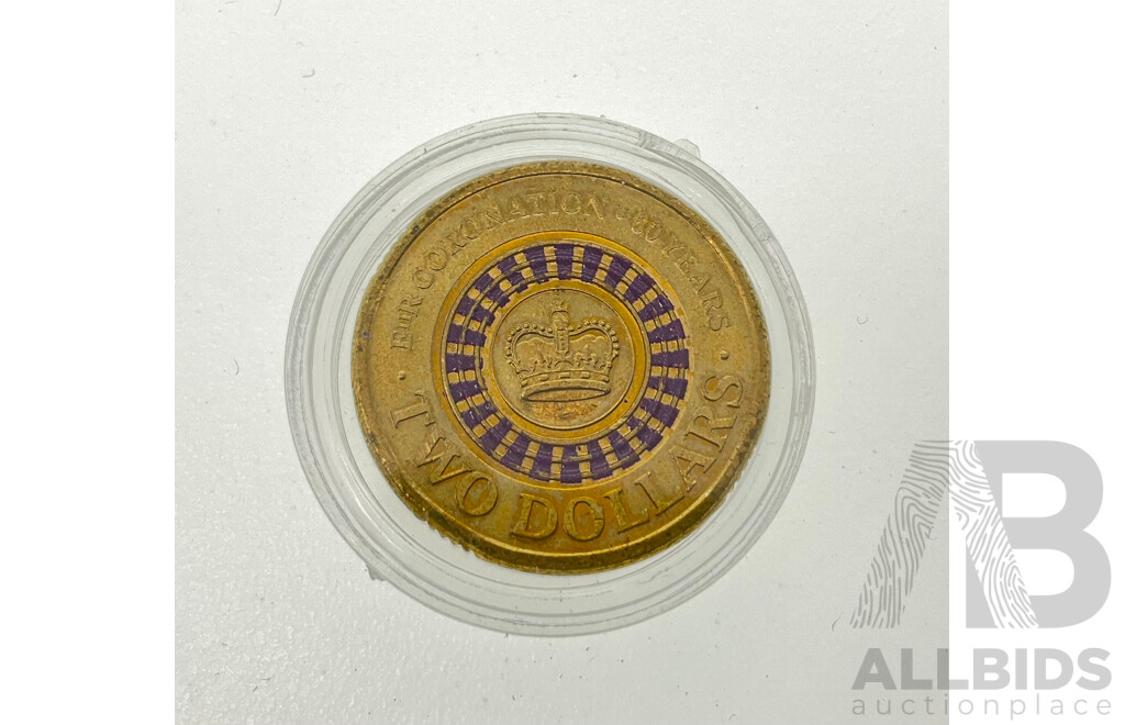 Australian 2013 RAM $2 Coin. QE2 Purple Cornation Coin.