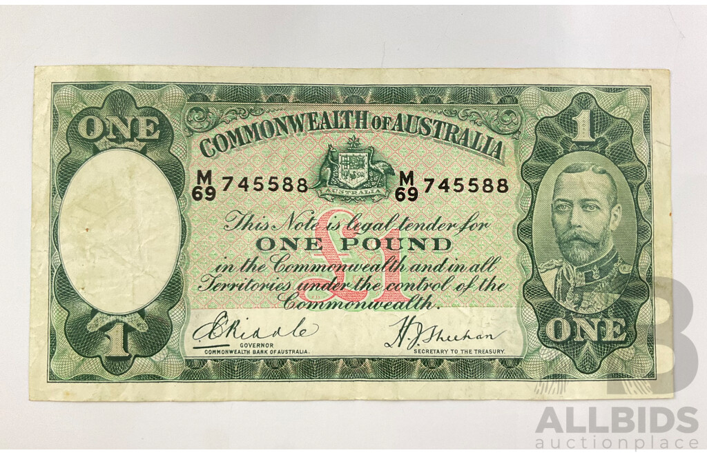 Australian 1933 Riddle Sheehan One Pound Note M69 745588.