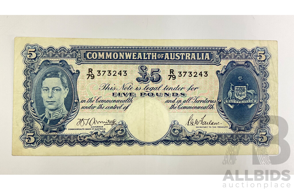 Australian 1941 Armitage McFarlane Five Pound Note R79 373243.