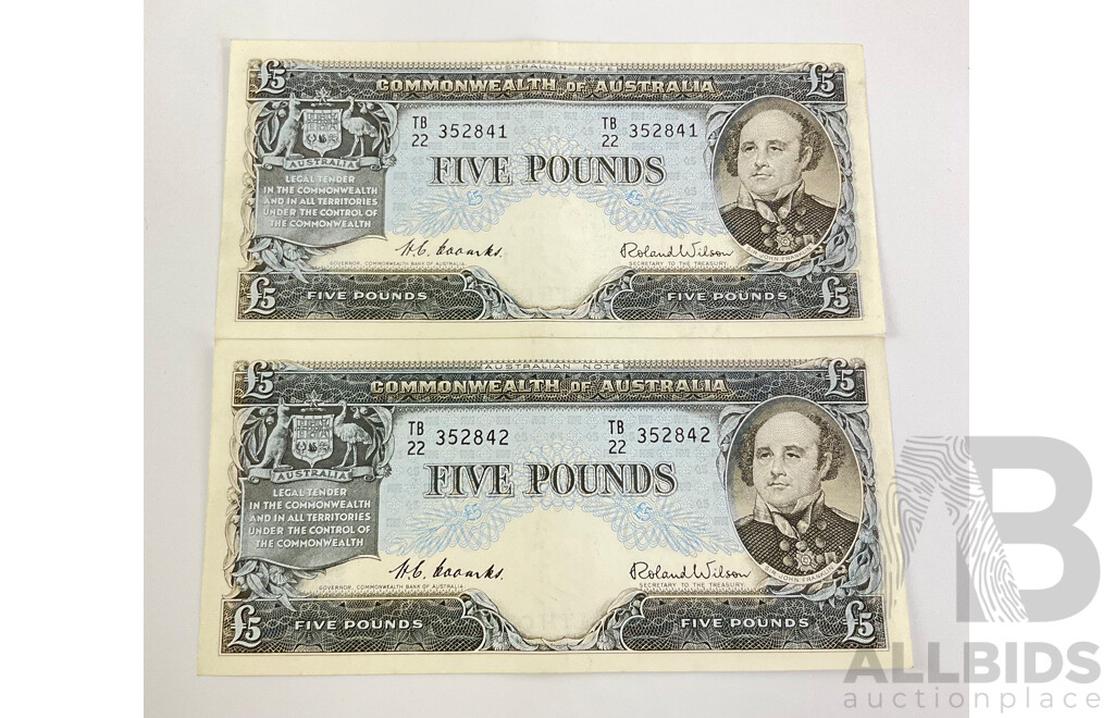 Australian 1954 Coombs Wilson Five Pound Notes, Consecutive TB22 352841/42