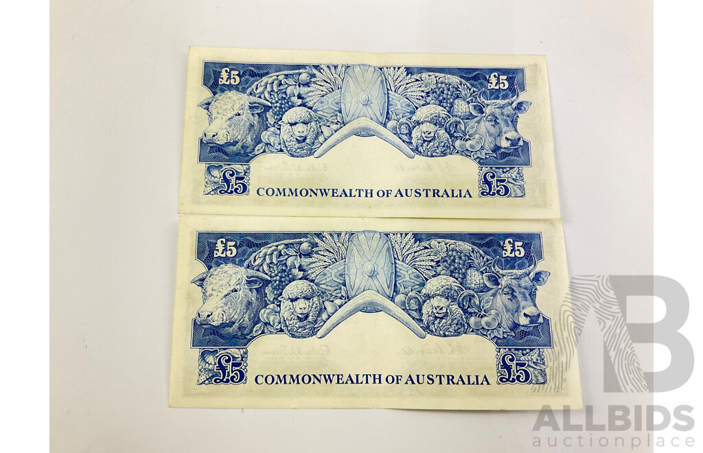 Australian 1954 Coombs Wilson Five Pound Notes, Consecutive TB22 352841/42