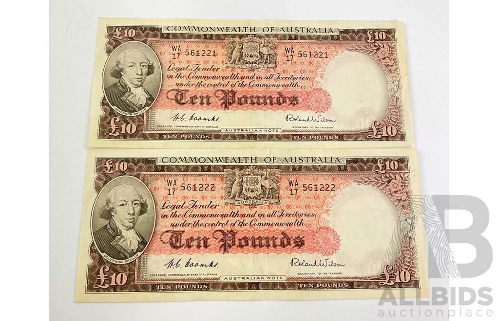 Australian 1954 Coombs Wilson Ten Pound Notes, Consecutive WA17 561221/22