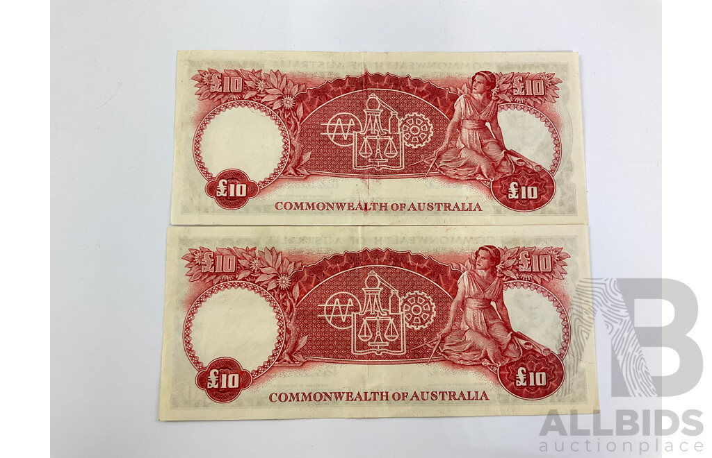 Australian 1954 Coombs Wilson Ten Pound Notes, Consecutive WA17 561221/22