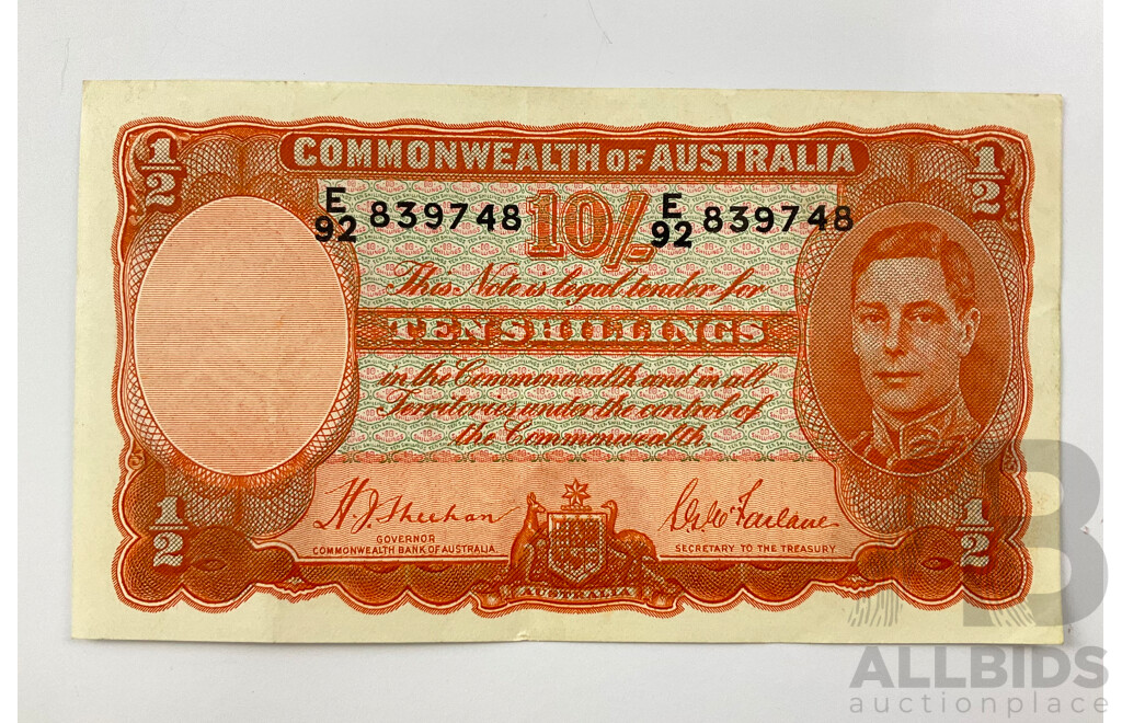 Australian 1939 Sheehan McFarlane Ten Shilling Note, E92 839748.