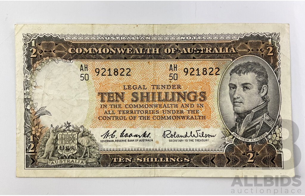 Australian 1961 Coombs Wilson Ten Shilling Note. AH50 921822.