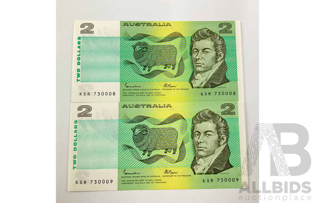 Australia Two Dollar Notes. Consecutive Numbered, Johnston Fraser KSR 730008/9.