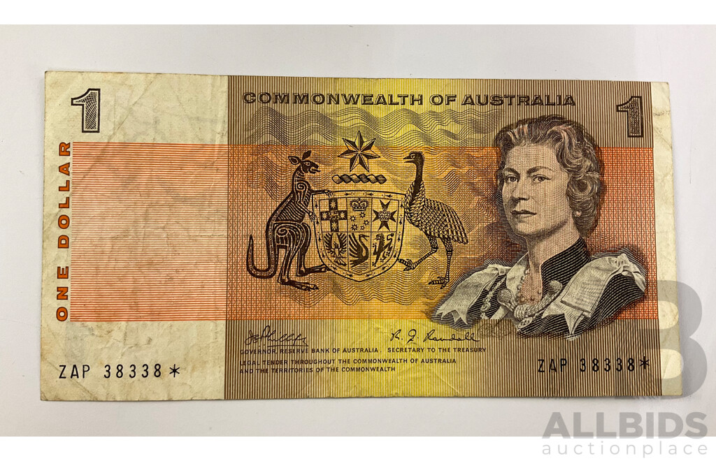 Australian 1969 Phillips Randall One Dollar STAR Note, ZAP 38338.