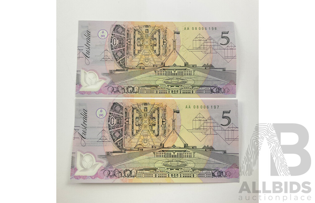 Australian 1992 Cole Fraser Five Dollar Notes, Consecutive, AA08 006196/7 R214.