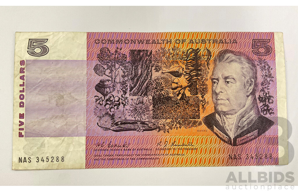 Australian 1967 Coombs Randall Five Dollar Note, NAS 345288, R202.