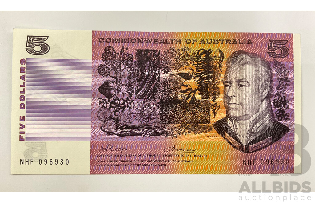 Australian 1972 Phillips Wheeler Commonwealth Five Dollar Note R204, UNC.