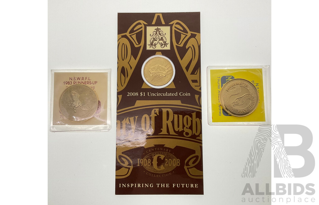 Australian 1983 Parramatta and Manly finalists medallions. 2008 NFL $1 coin.
