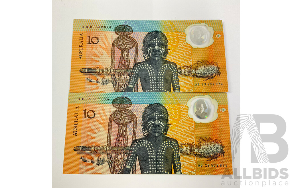 Australian 1988 R310 Two Consecutive $10 Notes, Fraser Johnston AB29532874/5 