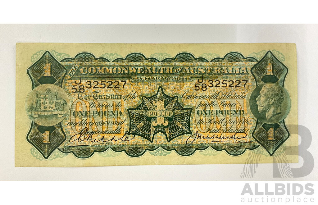 Australian 1927 R26 One Pound Note, Riddle Heathershaw J58 325227.