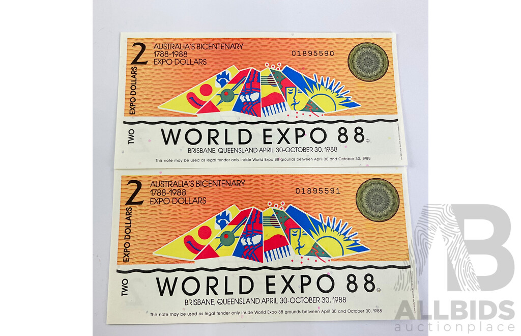 Australian 1988 EXPO 88 Consecutive $2 Notes 04895590/1
