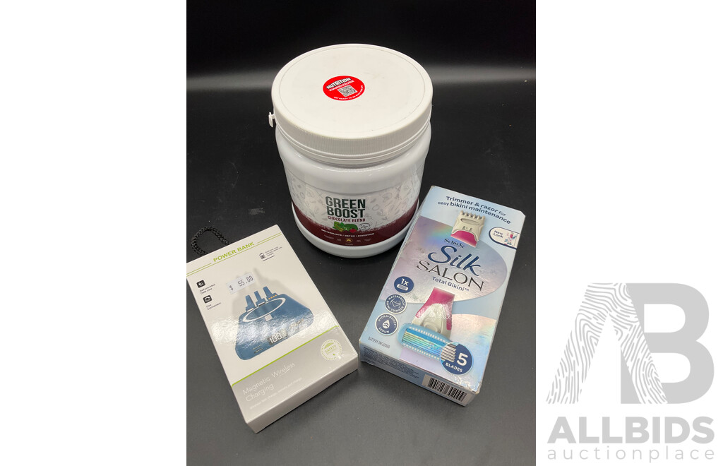 Magnetic Wireless Charging Power Bank, GREEN BOOST Blend Superfood Powder and SILK Trimmer & Razor - Lot of 3