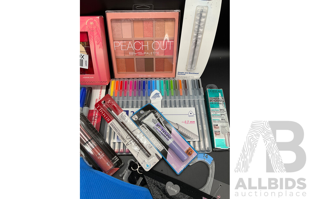 Assorted Cosmetics Including L'OREAL, RIMMEL, MAYBELLINE and Assorted Office Supplies