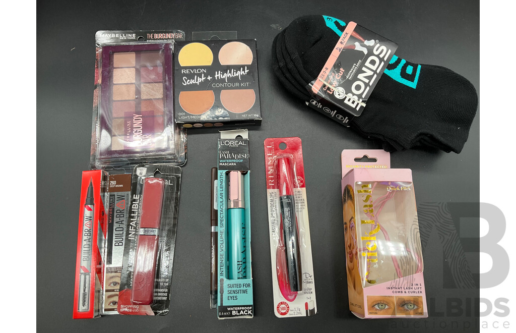 Assorted Cosmetics Including L'OREAL, RIMMEL, MAYBELLINE, REVLON and BONDS Socks - Lot of 9