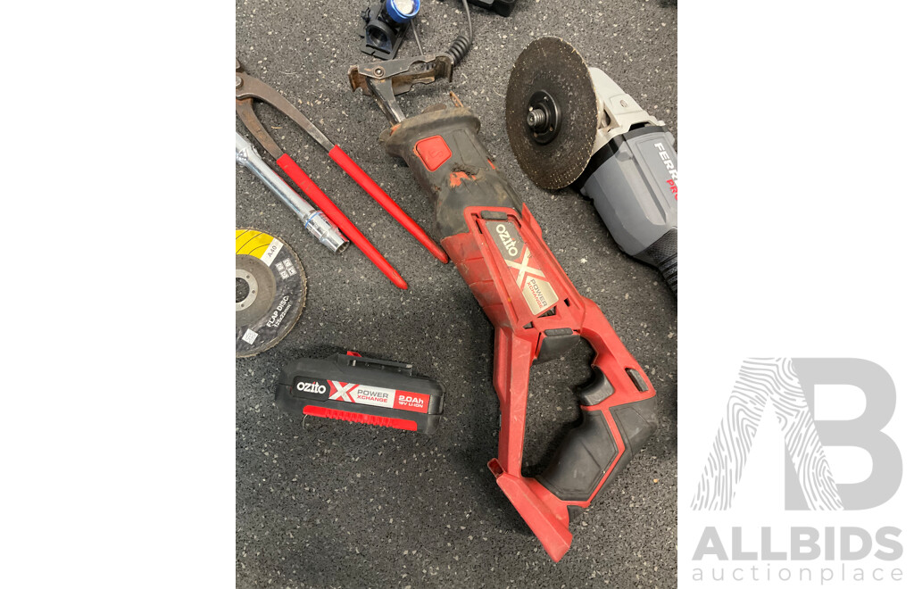 Assorted Power Tools - MAKITA (DTD152) Impact Driver, FERREX PRO Grinder, OZITO Reciprocating Saw and Tools