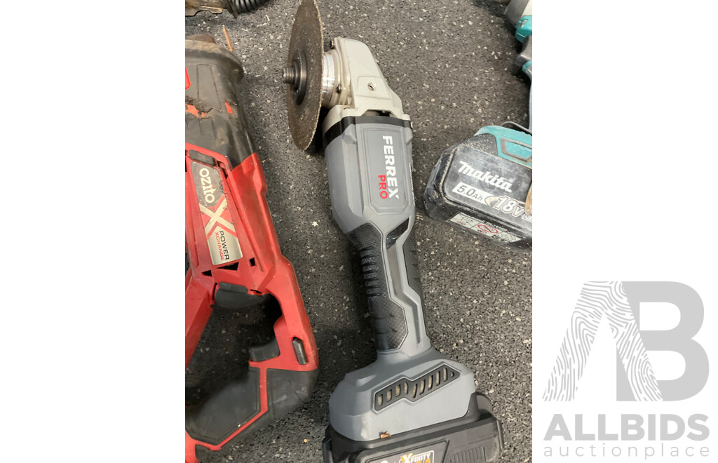 Assorted Power Tools - MAKITA (DTD152) Impact Driver, FERREX PRO Grinder, OZITO Reciprocating Saw and Tools