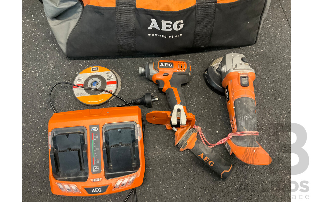 AEG 18V Power Tools - Impact Driver (BBS18C), Angle Grinder (BEWS 18-125X), Battery Charger and Bag - Lot of 4