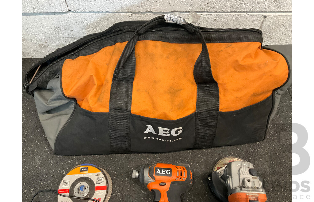 AEG 18V Power Tools - Impact Driver (BBS18C), Angle Grinder (BEWS 18-125X), Battery Charger and Bag - Lot of 4