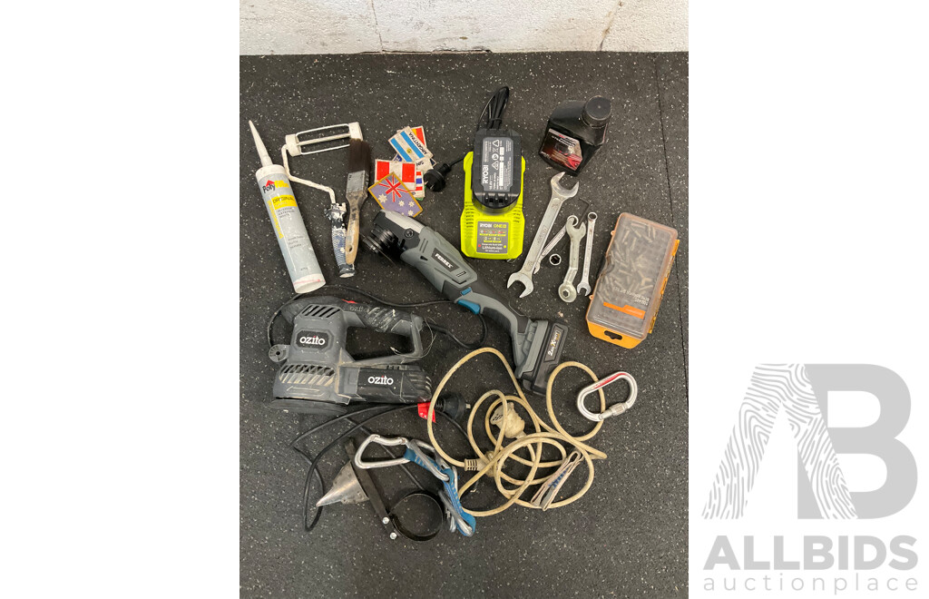 Assorted Tools, Including OZITO Sander, FERREX Multi Tool, RYOBI Charger with Battery and More