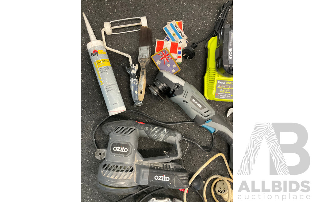 Assorted Tools, Including OZITO Sander, FERREX Multi Tool, RYOBI Charger with Battery and More
