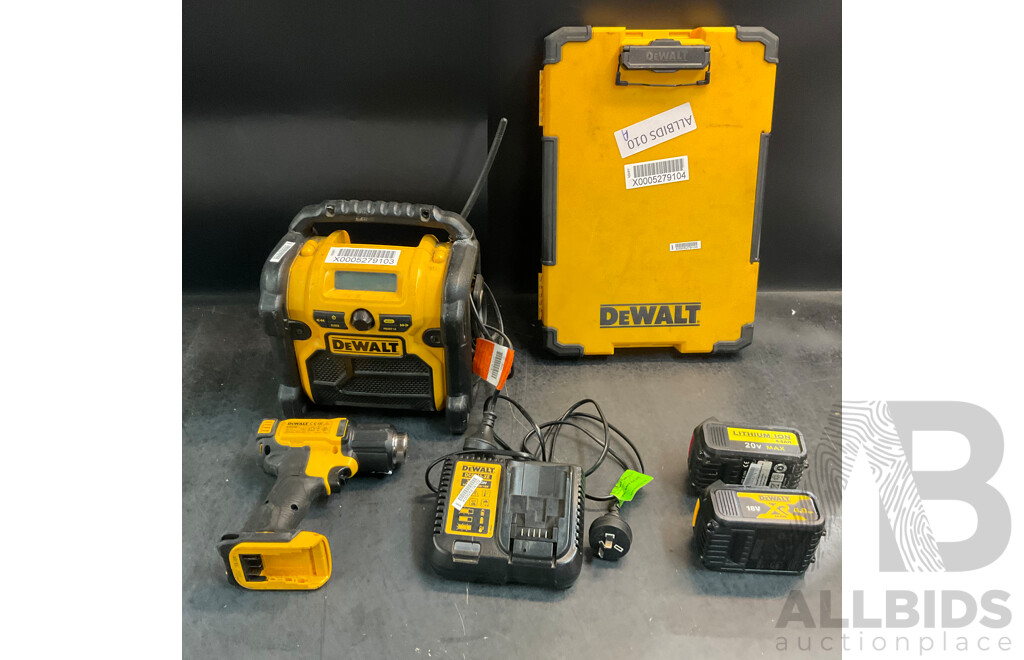 DEWALT DCR019-XE Compact Radio & DCE530 Heat Gun & Clipboard & Charger, 2x Batteries ( 1x Original, 1x Compatible Battery )