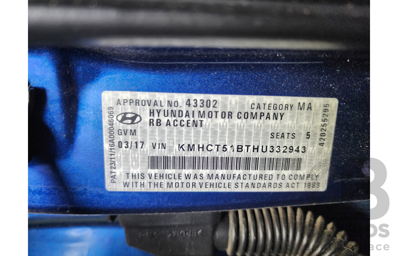 3/2017 Hyundai Accent Active RB4 MY17 5d Hatchback Blue 1.4L