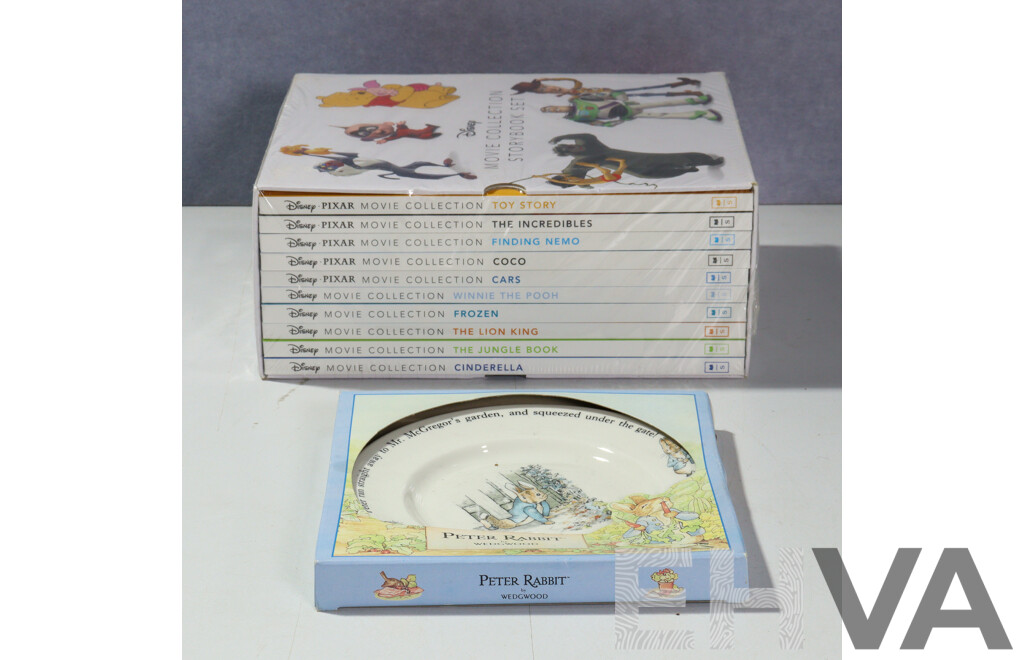 Disney Movie Collection Storybook Set, Ten Volumes in Slip Case Sealed in Plastic, Along with Wedgwood Peter Rabbit Plate in Original Box
