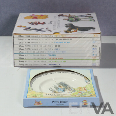 Disney Movie Collection Storybook Set, Ten Volumes in Slip Case Sealed in Plastic, Along with Wedgwood Peter Rabbit Plate in Original Box