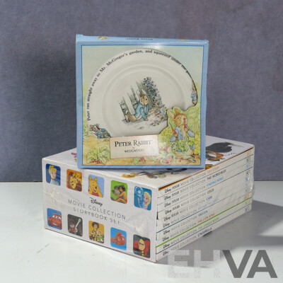 Disney Movie Collection Storybook Set, Ten Volumes in Slip Case Sealed in Plastic, Along with Wedgwood Peter Rabbit Plate in Original Box
