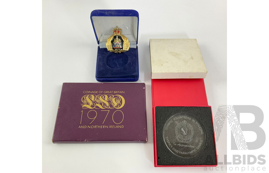 Great Britain and Northern Ireland 1970 Coin Set, Australian 2000 Paralympic Glass Medallion and M.S.B Badge