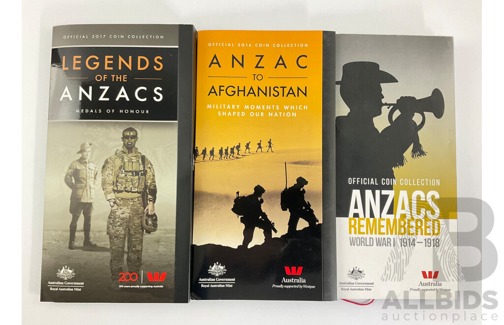 Three Australian RAM ANZAC Coin and Medal Sets Including 2016, 2017, 2018