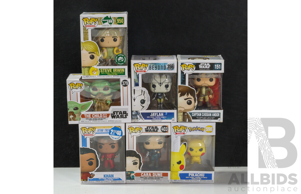 Seven Funko Pop! Figures Including Steve Irwin, Jaylan, Child with Frog, Cara Dune, Khan, Pikachu, Captain Cassian Andor