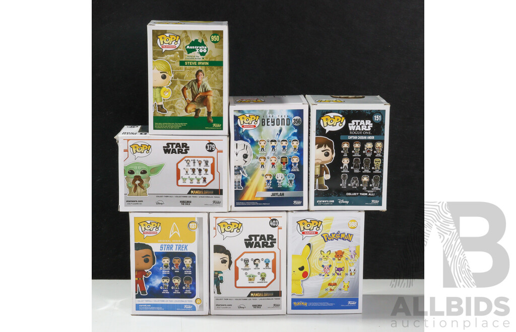 Seven Funko Pop! Figures Including Steve Irwin, Jaylan, Child with Frog, Cara Dune, Khan, Pikachu, Captain Cassian Andor