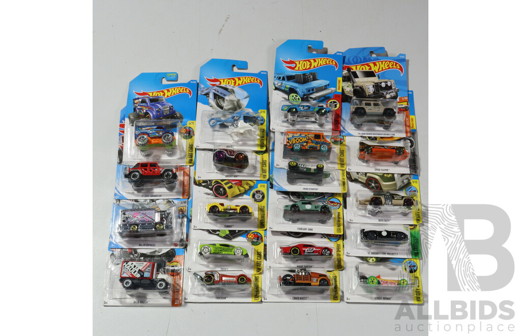 Twenty Boxed Hot Wheels Vehicles Including HW City Works, Experimotors, HW Hot Trucks, Legends of Speed, HW Exotics