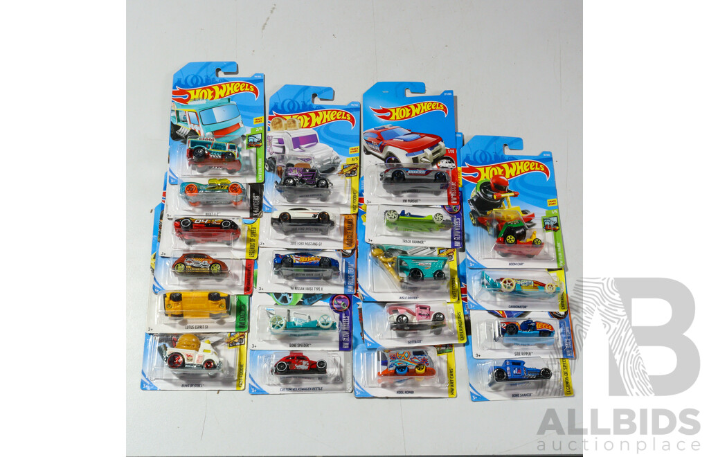 Twenty Boxed Hot Wheels Vehicles Including Fast Foodie, HW Exotics, HW Fun Park, HW Dare Devils, X-Racers