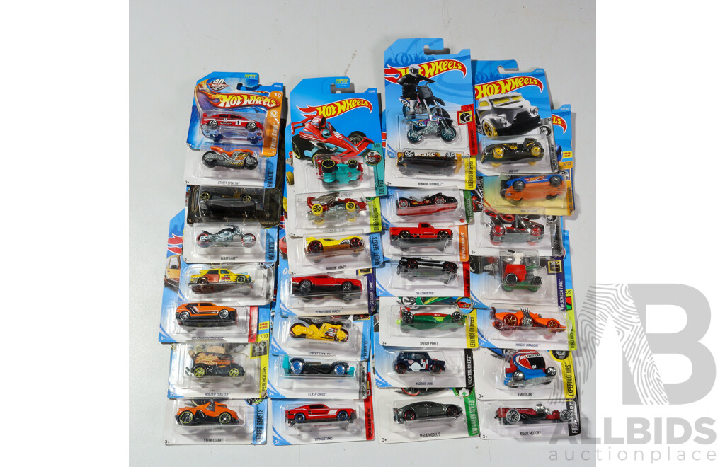 Thirty Boxed Hot Wheels Vehicles Including HW Metro, HW Screen Time, Super Chromes, Dino Riders, HW Moto