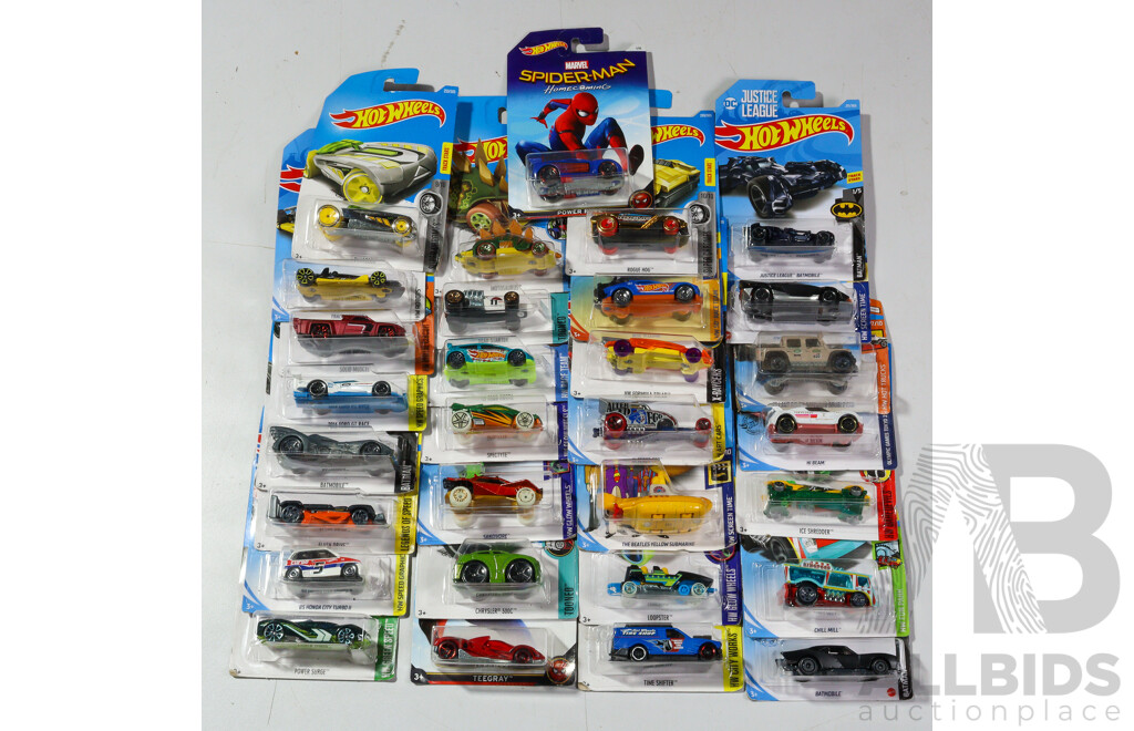 Thirty Boxed Hot Wheels Vehicles Including Super Chromes, Spider Man, HW Art Cars, HW Dare Devils, HW Screen Time, HW City Works