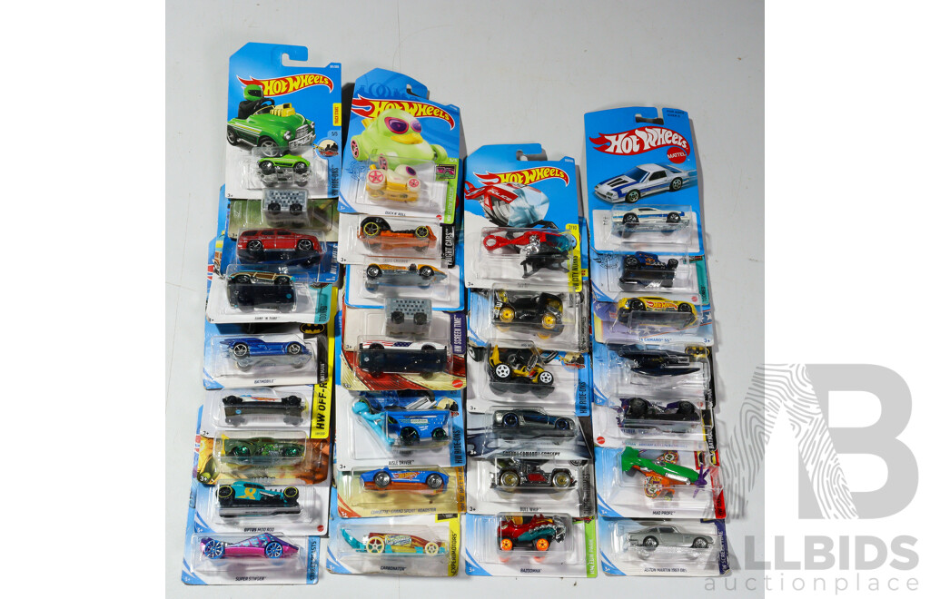 Thirty Boxed Hot Wheels Vehicles Including Batman, Spider Man, Stars & Stripes, Tooned, Street Beasts, HW Ride Ons
