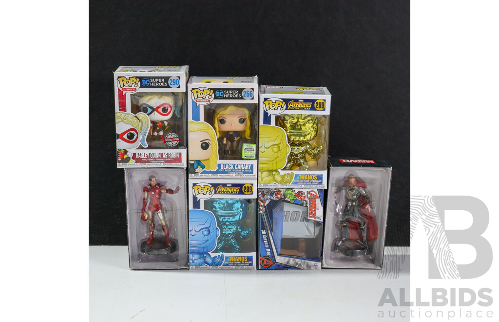 Collection of Marvel and Funko Pop! Figures Including Avengers, Thor, DC Super Heroes