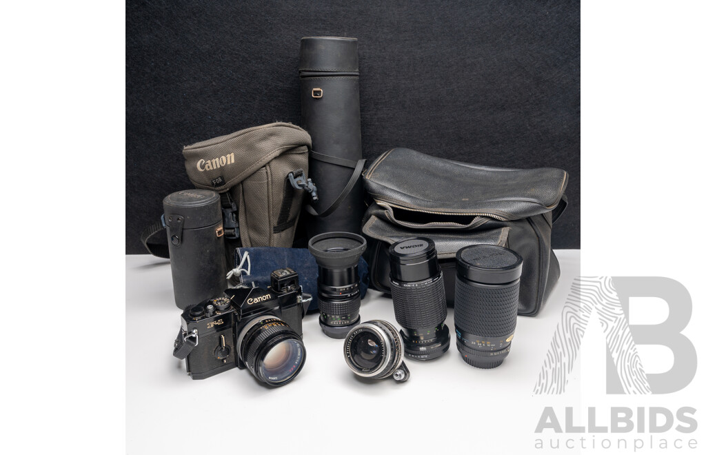 Canon F-1 Camera Kit with Multiple Lenses, Flash, Light Meter and Accessories