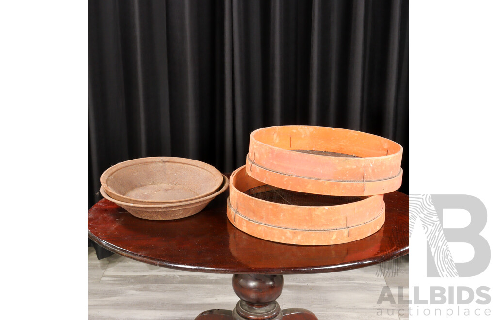 Pair of Vintage Miners Sieves and Two Gold Pans