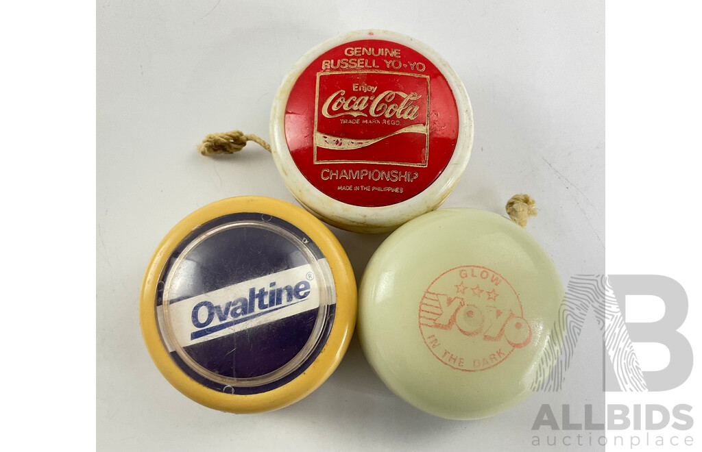 Three Vintage Yo-Yos Including Coca Cola Russell Championship, Ovaltine and  Glow in the Dark