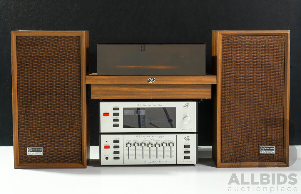 Retro English Made AGS Stereo Automatic Turntable, Solid State Stereo Tuner AJ 374, Pre Amplifier a 209 and Pair AGS 8 X 3 AIr Suspended Speakers with Crossover