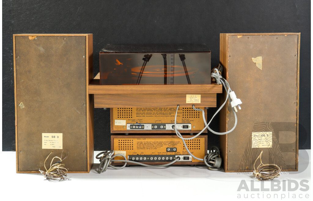 Retro English Made AGS Stereo Automatic Turntable, Solid State Stereo Tuner AJ 374, Pre Amplifier a 209 and Pair AGS 8 X 3 AIr Suspended Speakers with Crossover