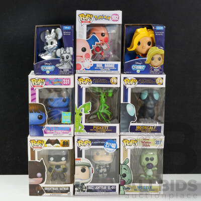 Seven Funko Pop! Figures Including Woozle, Buzz Lightyear, Pickett, Mr.Mime, Violet Beauregarde, Knightmare Batman, Mooncalf with Ooshies Minnie Mouse and Captain Marvel