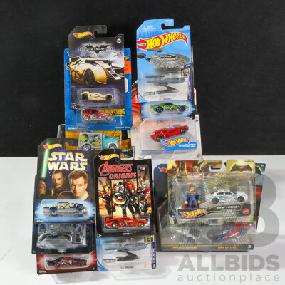 Collection of Boxed Hot Wheels Vehicles Including Dark Knight Series, Star Trek, Star Wars, Batman Vs Superman