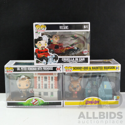 Funko Pop! Rides and Town Including Scooby Doo & Haunted Mansion, Cruella in Car and Dr Peter Vankman with Firehouse